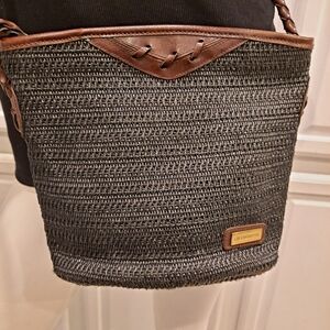 Liz Claiborne Accessories Black Woven Nylon and Brown Leather Trim Crossbody Bag